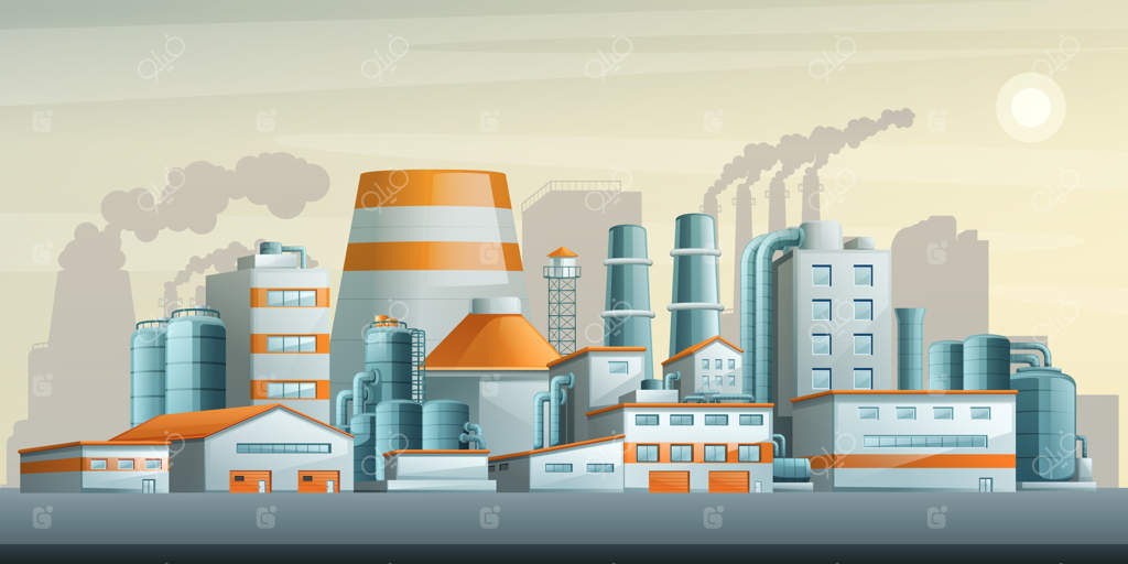 ترکیب صنعتی با ساختمان‌های کارخانه، لوله‌ها، مخازن سوخت و برج خنک‌کننده - تصویر زمینه وکتور تخت