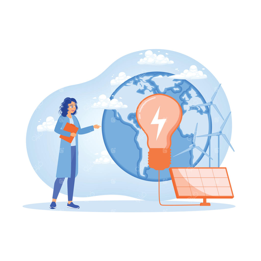 مفهوم انرژی تجدیدپذیر با پنل‌های خورشیدی و توربین‌های بادی.