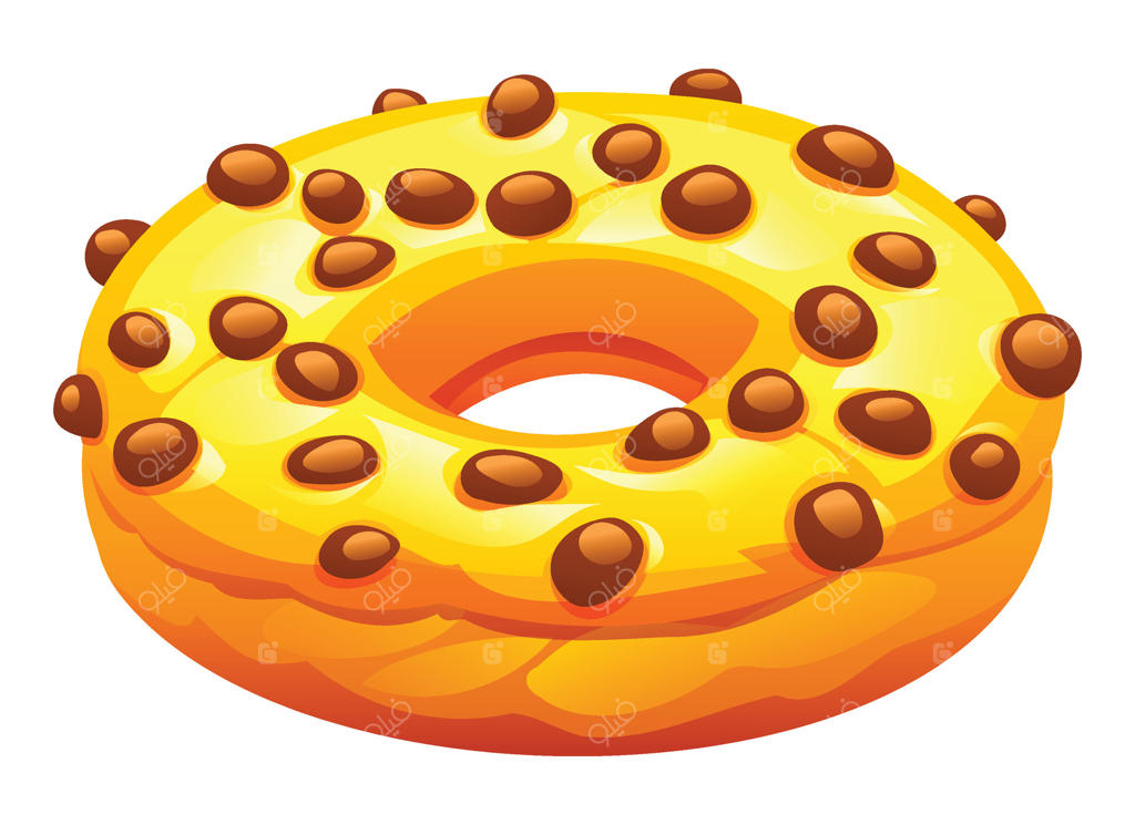 تصویر کارتون دونات با لعاب زرد و توپک‌های شکلاتی روی زمینه سفید
