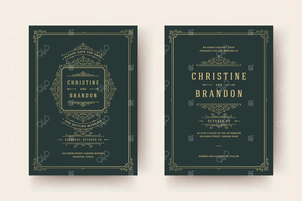 دعوتنامه عروسی و کارت‌های یادآوری تاریخ با طرح‌های زینتی و پیچک‌های زیبا.