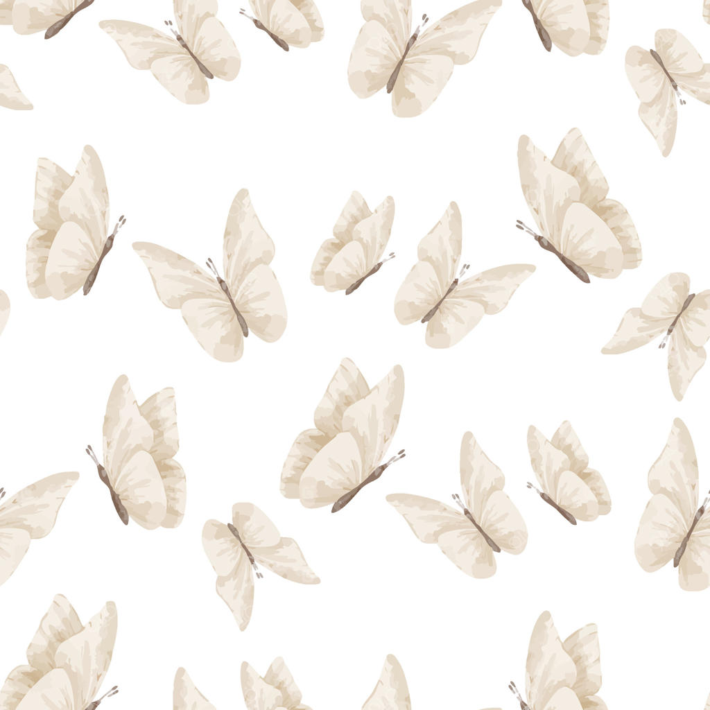 طرح آبرنگی پیوسته پروانه‌های بژ ملایم روی پس‌زمینه‌ای مجزا. تصویر پس‌زمینه‌ای آرام برای پروژه‌های اتاق کودک، کاغذ دیواری یا سطوح پارچه‌ای. زینتی برای ملحفه‌ها.
