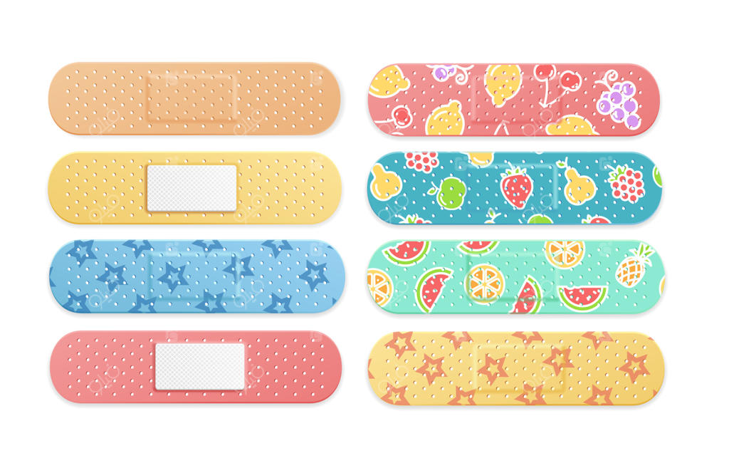 مجموعه واقعی و دقیق چسب زخم‌های پزشکی کودک. وکتور سه‌بعدی