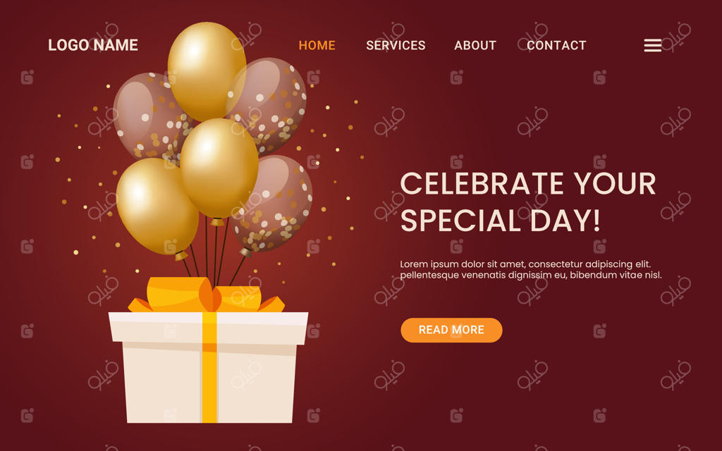 قالب بنر جشن وبسایت با بالن‌های طلایی و جعبه‌ هدیه پرواز کننده