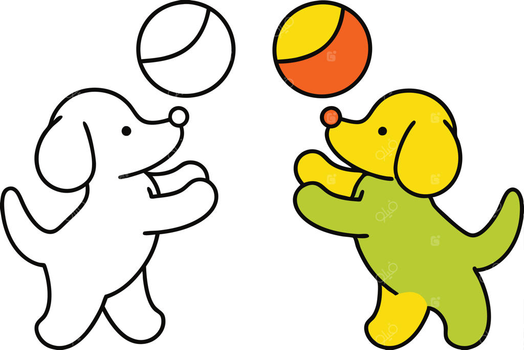 تصویر کارتونی سگ‌های بازیگوش در حال آوردن توپ‌های رنگارنگ