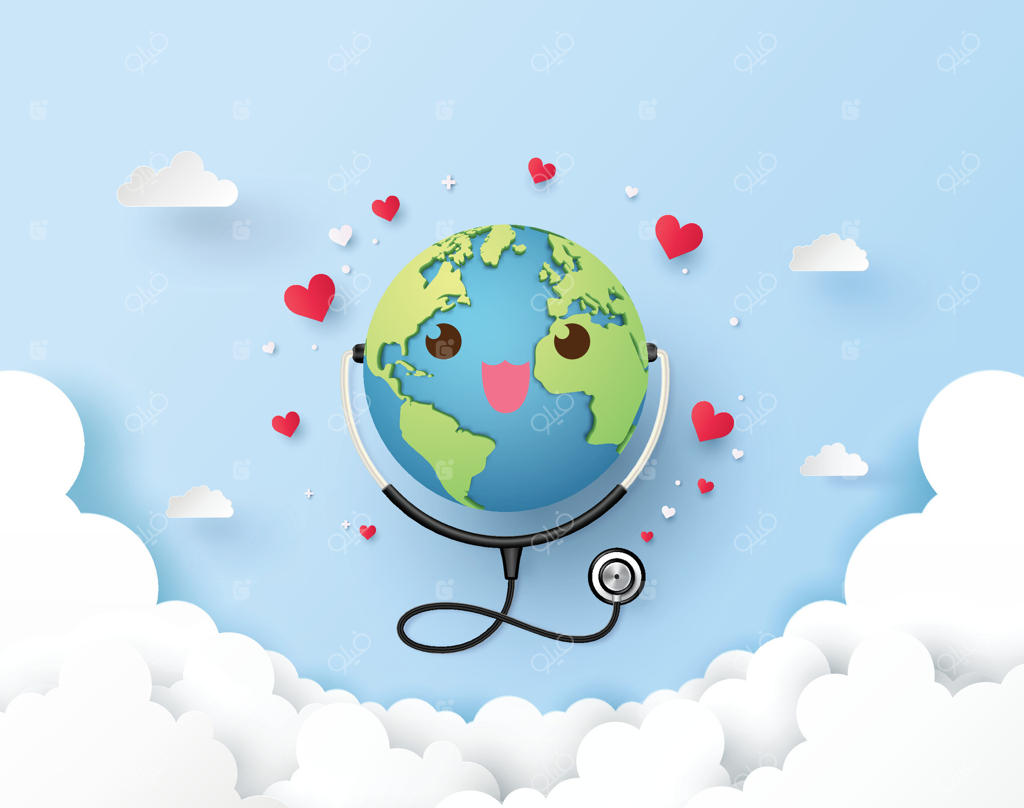 کره زمین با گوشی پزشکی در ابرها و قلب‌ها؛ طراحی پیام سلامتی ملایم و مثبت.