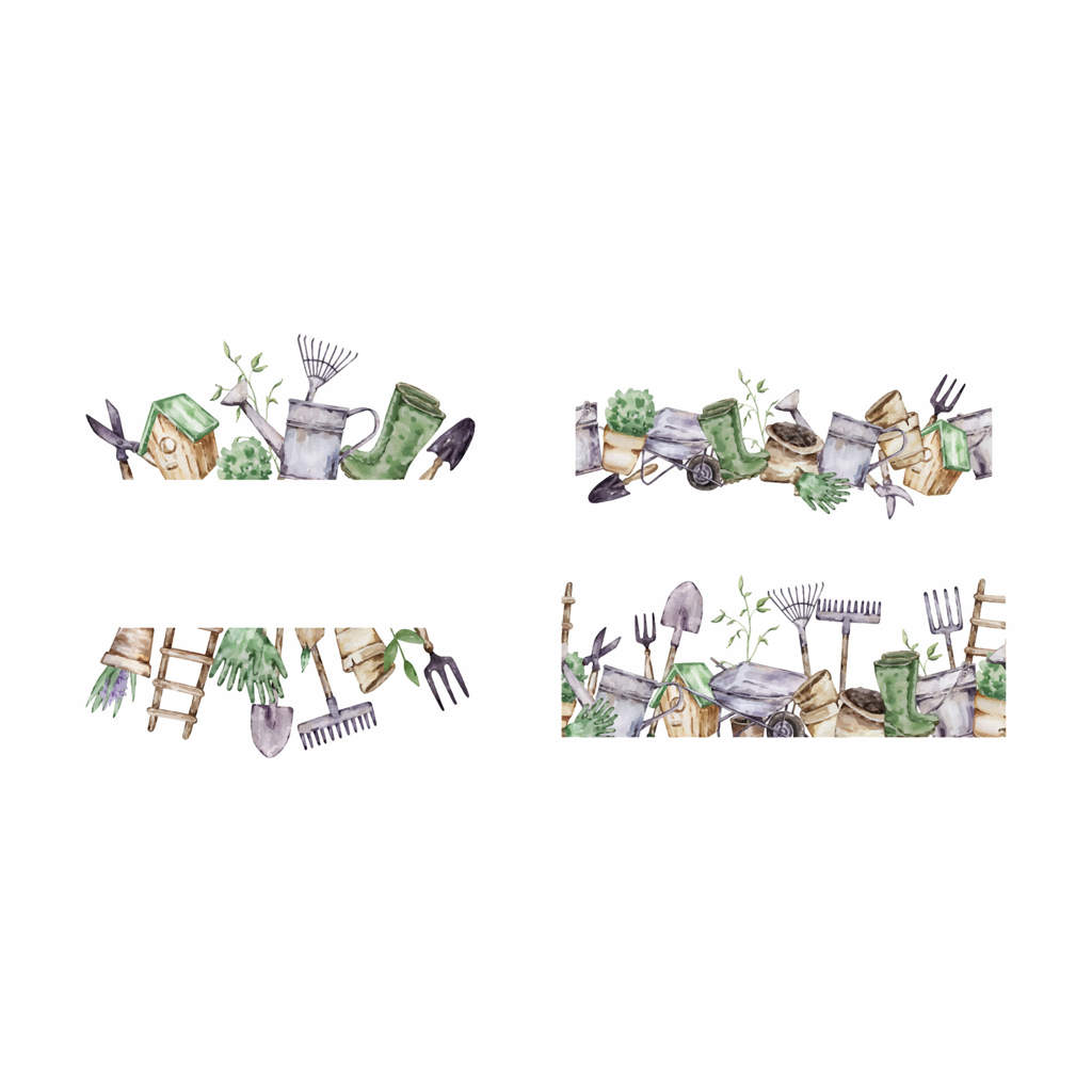 مجموعه قاب‌های باغ آبرنگی با ابزار باغبانی