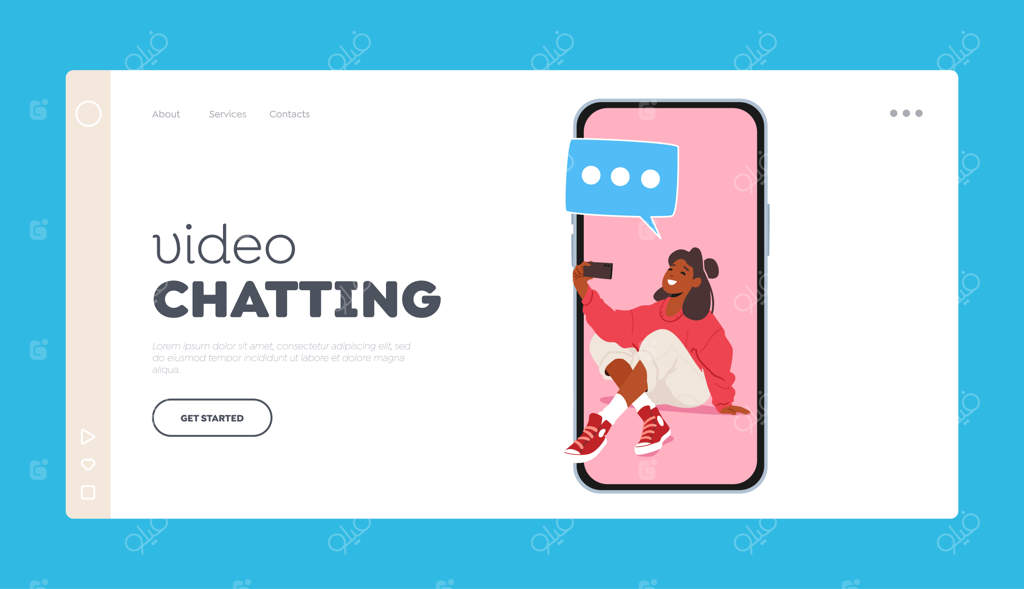 قالب صفحه فرود ویدئو چت: دختر نوجوان شیک در حال سلفی و چت با گوشی هوشمند (تصویرسازی وکتور)