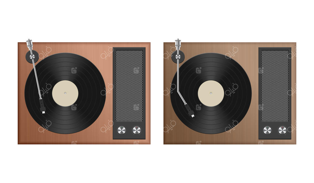 تصویر دستگاه پخش صفحه قدیمی، جدا شده روی پس‌زمینه سفید