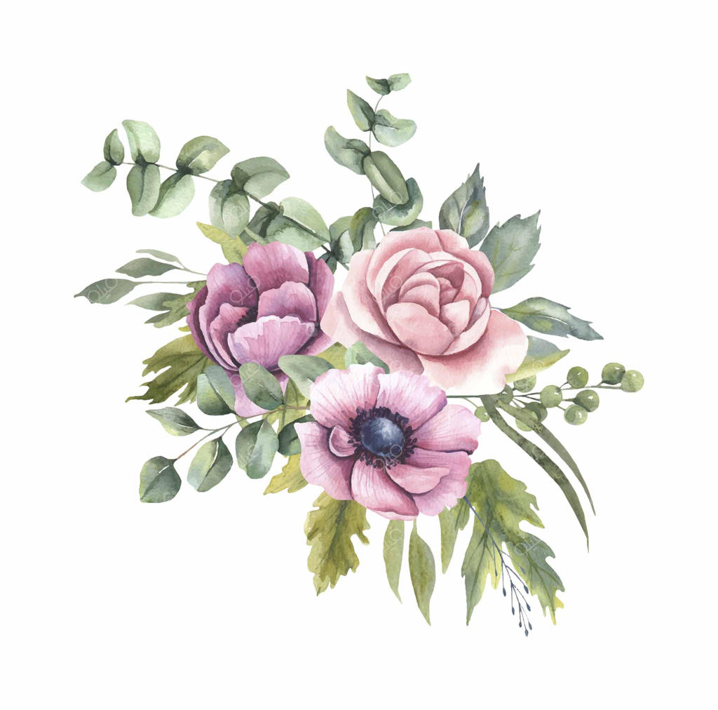 دسته‌گل های آبرنگی با گل‌های رنگارنگ.