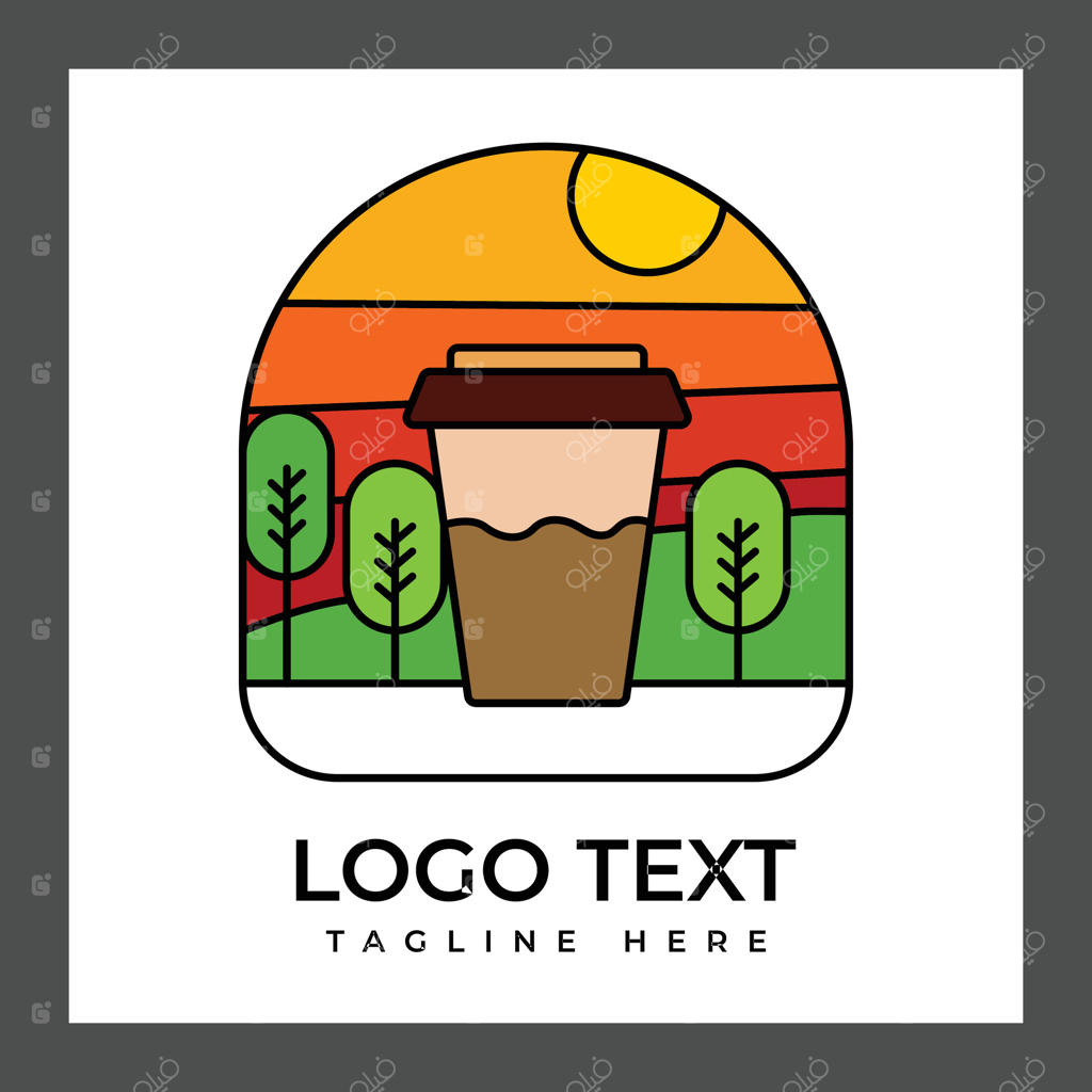 فنجان قهوه تزئینی در مرکز، محصور در میان درختان سبز و مناظری با تپه‌های لایه‌لایه نارنجی و زرد زیر نور خورشید