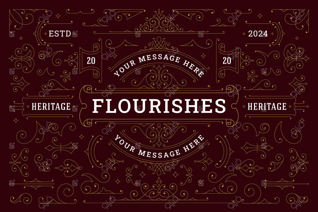 مجموعه‌ای از عناصر طراحی فلیگری ویکتوریایی طلایی و زیبا