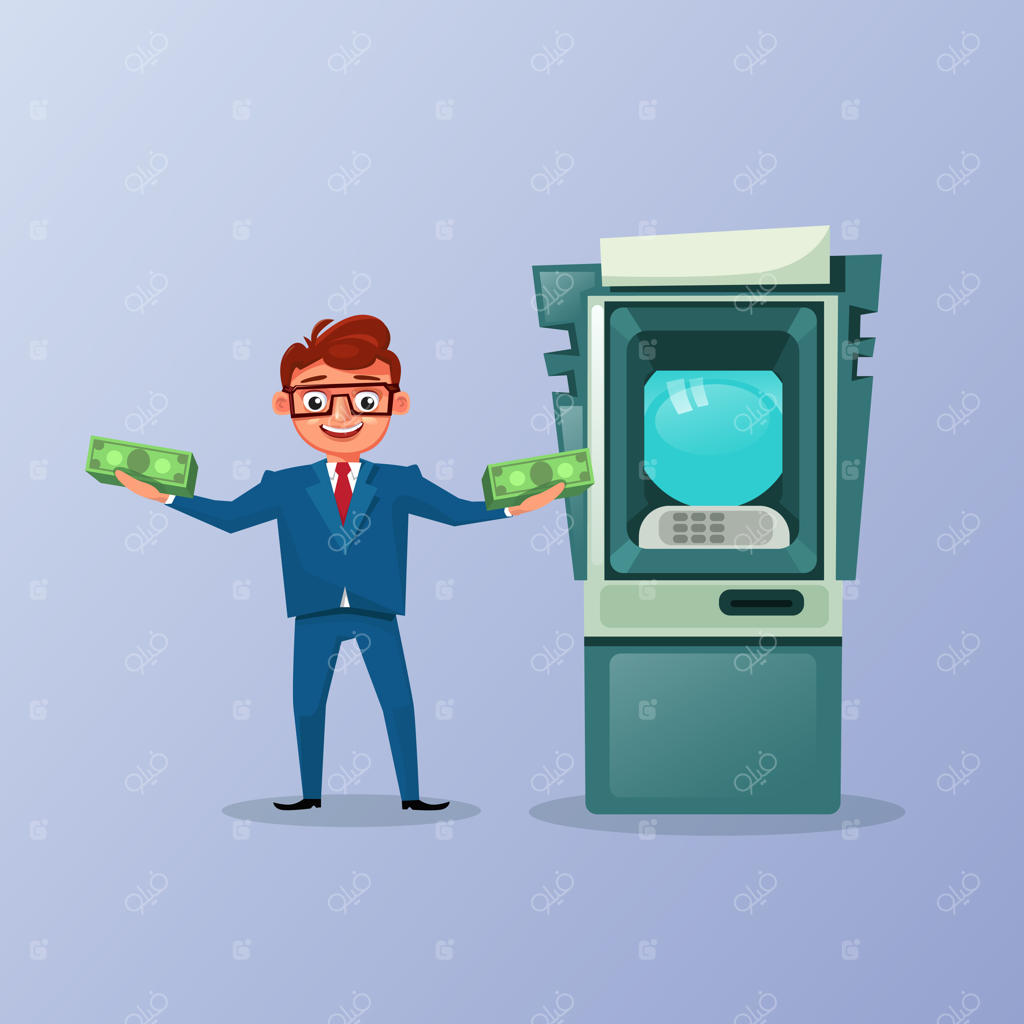 مرد ثروتمند در حال نگه داشتن پول نقد در برابر دستگاه خودپرداز