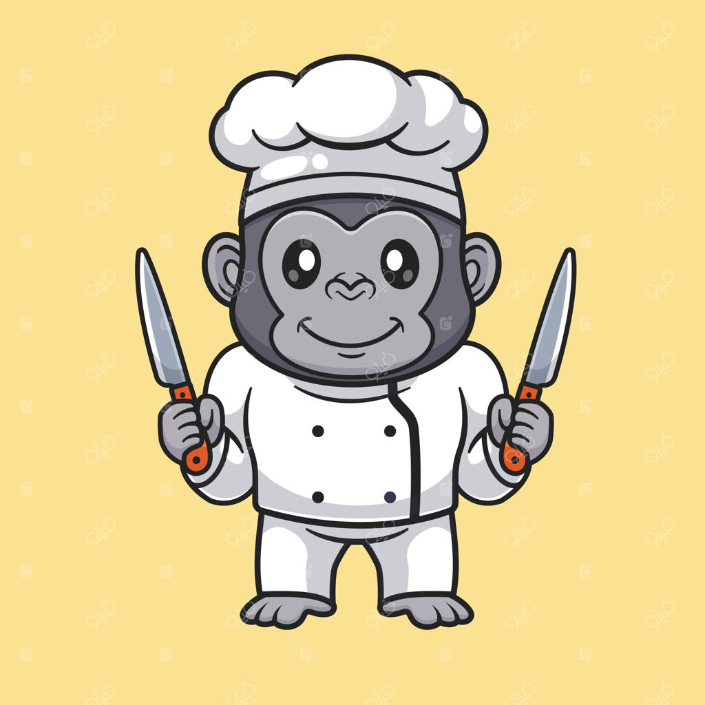 سرآشپز گوریل بامزه با چاقو - تصویر کارتونی. آیکون حیوانات و غذا