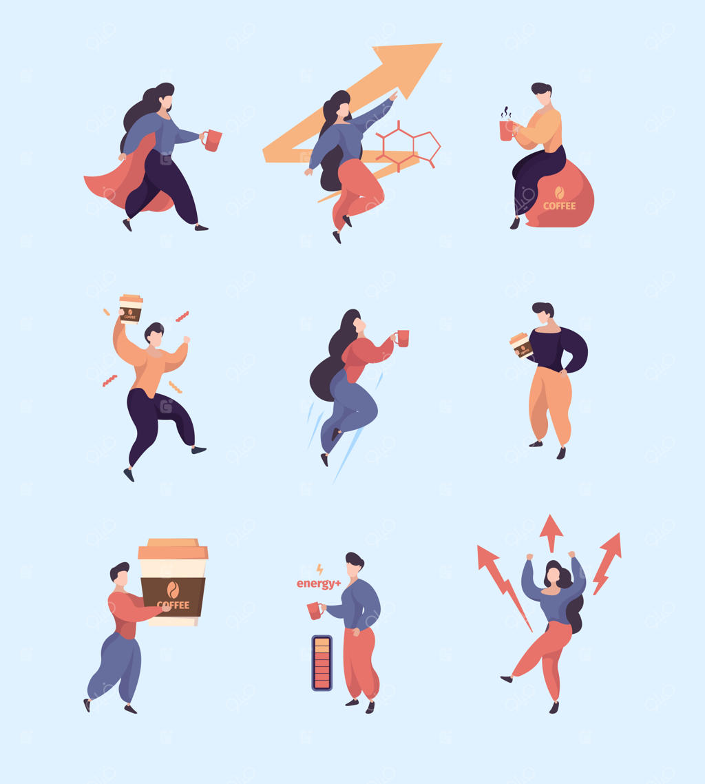 انرژی کافئین: مفهوم شخصیت‌های طبیعی و پرانرژی دفتر، زمان استراحت، نوشیدن چای داغ و قهوه. تصویرسازی فنجان قهوه، نوشیدنی اسپرسو صبحگاهی.