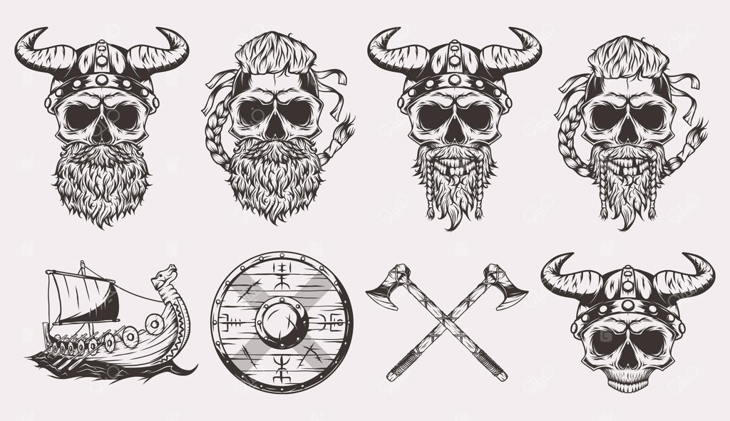 جمجمه‌ها، کشتی، سپر و تبرهای وایکینگ‌ها