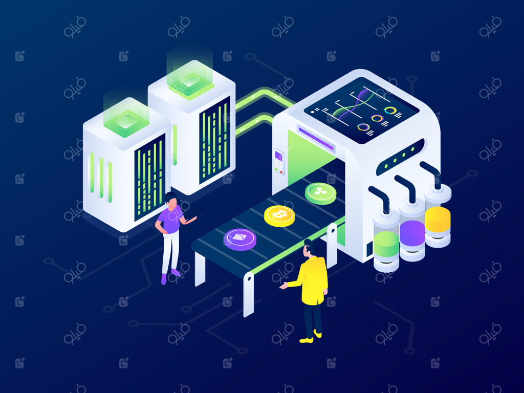 طراحی ایزومتریک وکتور آینده‌نگر استخراج بیت‌کوین و فناوری بلاکچین ارز دیجیتال