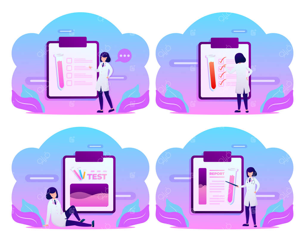 سری تصاویر پزشک جوان در حال درمان بیمار و آزمایش خون