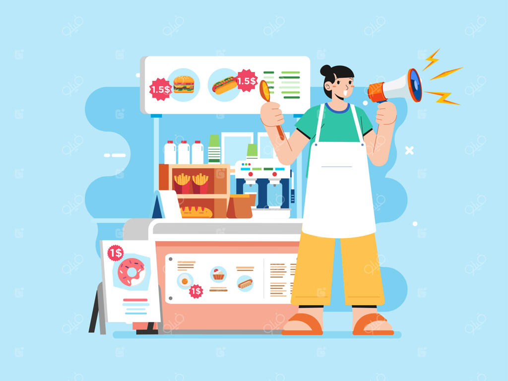 دختر جوان خوشحال با بلندگو در حال فریاد زدن برای اعلام تبلیغات فروش قهوه