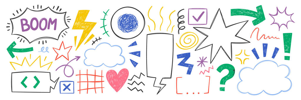 مجموعه حباب‌های گفتاری دودل سبک Y2K با بافت مداد شمعی، گچ یا مداد. شامل رعد، ستاره، قلب و شبکه به سبک طراحی. تصویر رنگی روی پس‌زمینه سفید.