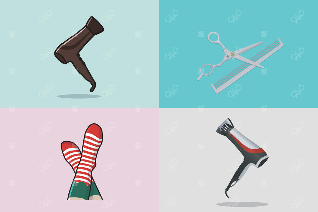 مجموعه‌ای از شانه با قیچی و تصویر نمادین سشوار رنگارنگ. طراحی نماد ابزارهای آرایشگاه. طراحی لوگو برای سشوار با مراقبت از مو و ابزارهای آرایشگری.