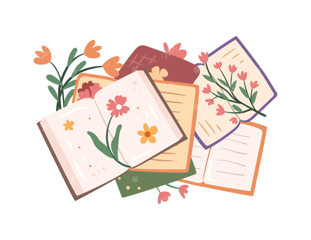 توده‌ای از کتاب‌های باز و تزیینات گل و گیاه‌شناسی