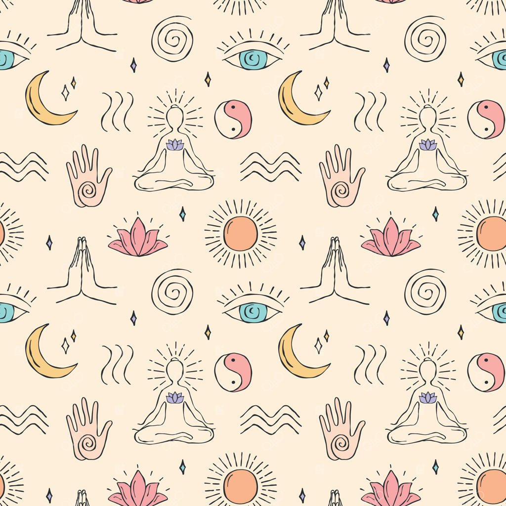 پترن یکپارچه با نمادهای رنگارنگ و دستی انرژی و تعادل شامل مارپیچ، امواج، یین و یانگ، خورشید، ماه، شکل مدیتیشن، خطوط تنفسی، ژست ناماسته و دایره انرژی