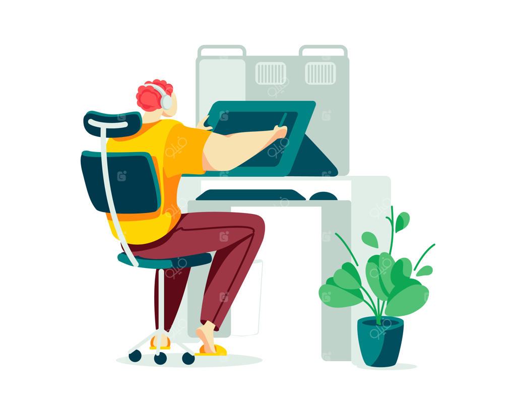 شخصیت مرد طراح در حال گوش دادن به موسیقی و طراحی فنی مدرن، مردی در فضای کار فریلنسینگ، نشسته و ایزوله شده روی سفید، تصویر کارتونی.