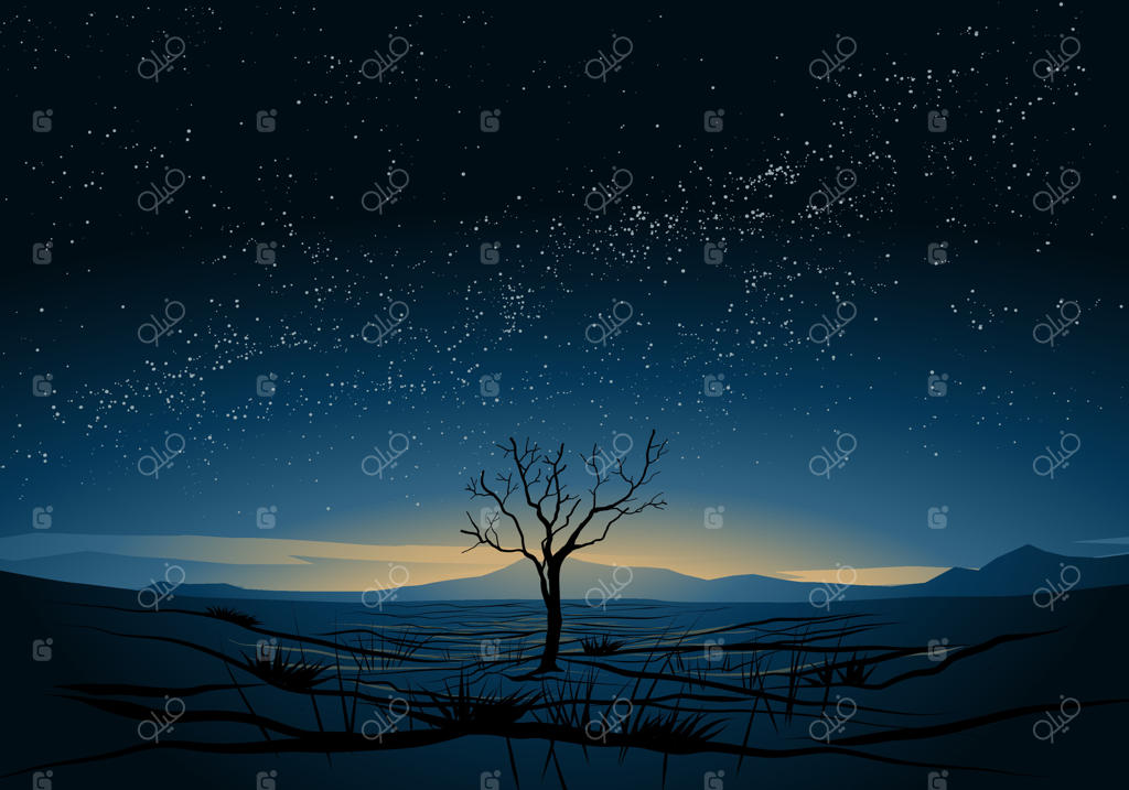 شب پرستاره شگفت‌انگیز با درختی تنها