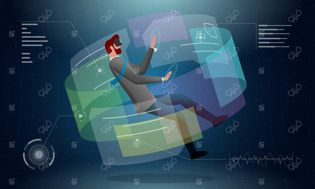 تاجر با هدست واقعیت مجازی در حال اتصال به فناوری پیشرفته متاورس