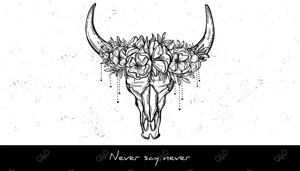 طرح جمجمه حیوان و تاج گل‌ها