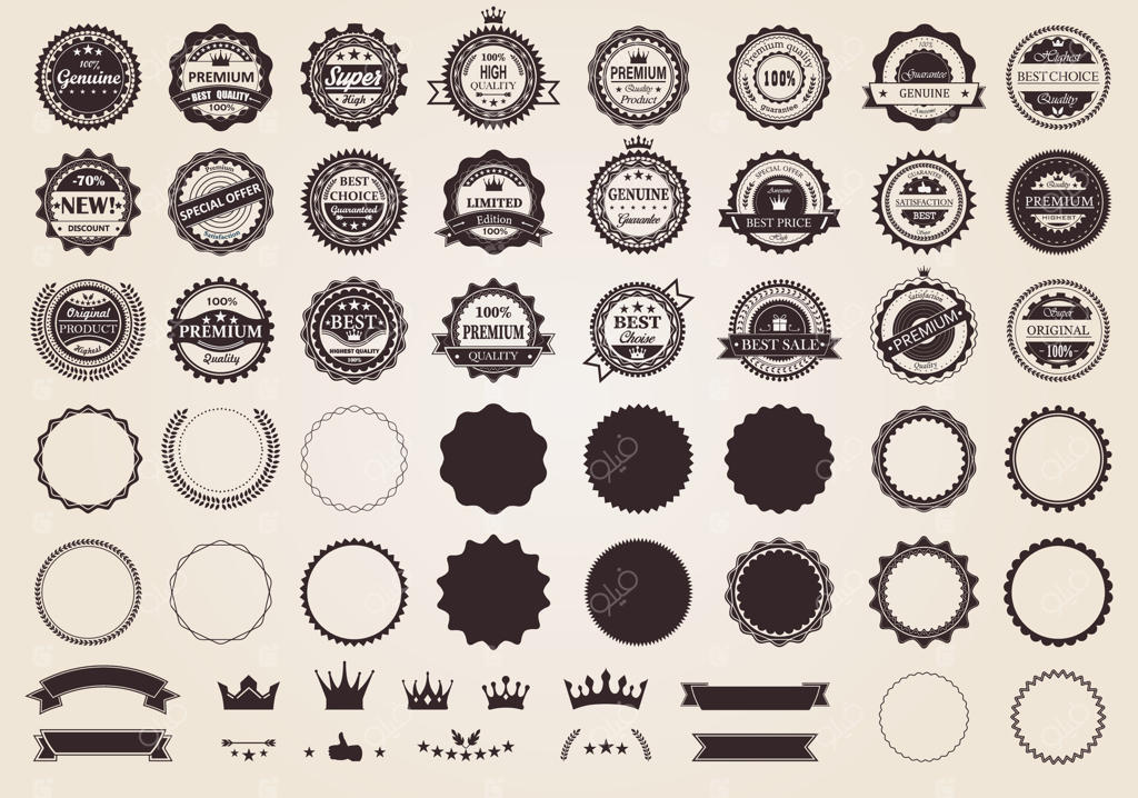 مجموعه‌ای از نشان‌های اصل و با کیفیت بالا، تضمین شده. نمادهای لوکس به سبک رترو. تزئینات وینتیج.