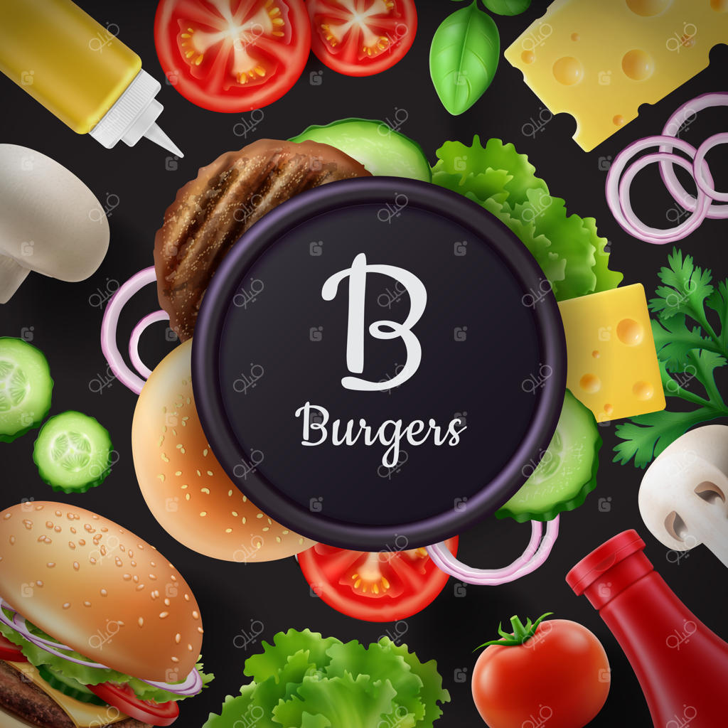 آگهی یا منوی ترکیبی با مواد تشکیل‌دهنده برگر