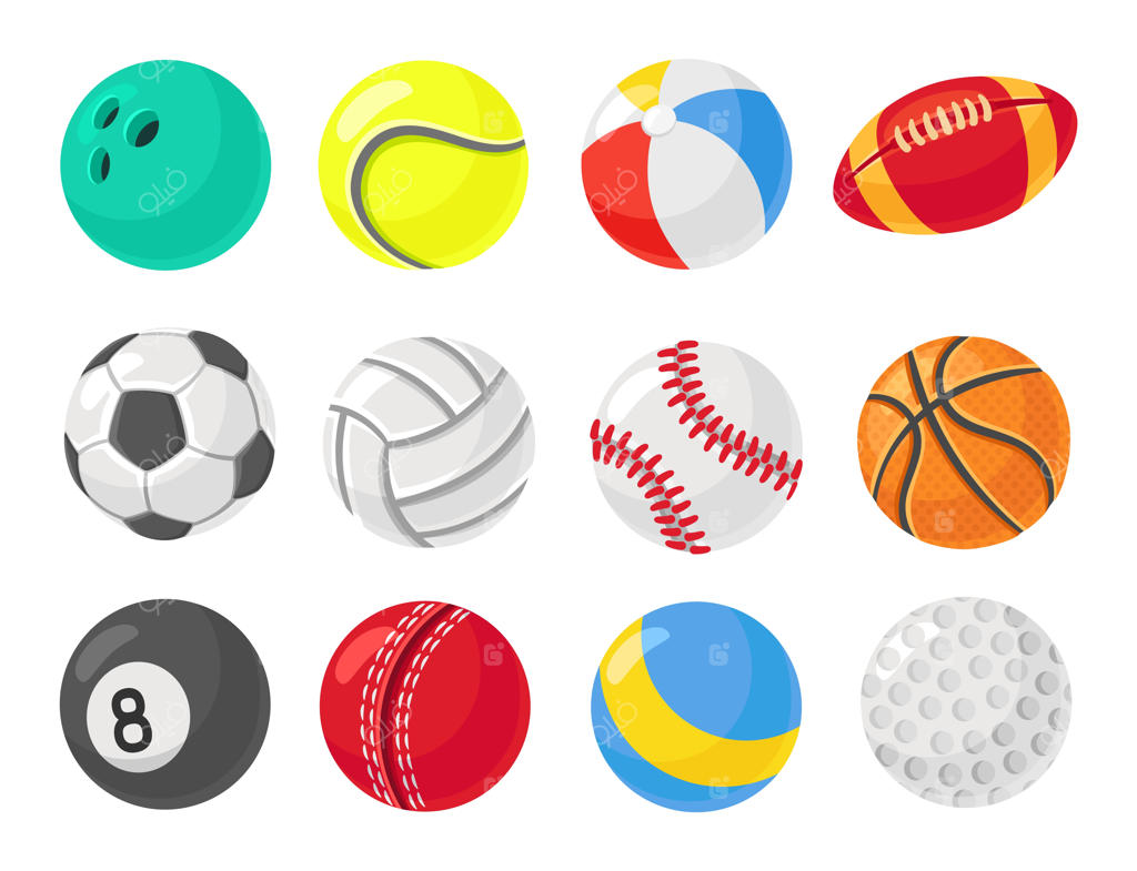 انواع توپ‌های ورزشی در قالب کارتونی - وسایل تمرینی: تنیس، هندبال، فوتبال و بسکتبال - آیکون‌های تمیز و برداری