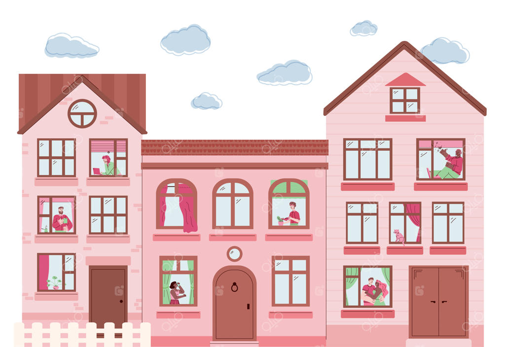 نمای خارجی ساختمان‌های صورتی با آدم‌هایی در پنجره‌ها - تصویرسازی وکتور ساده.