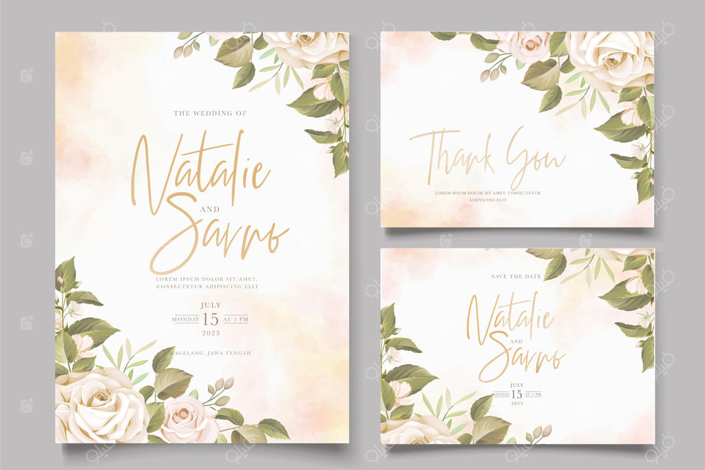 مجموعه کارت دعوت با طرح دست ساز گل‌های رز ملایم