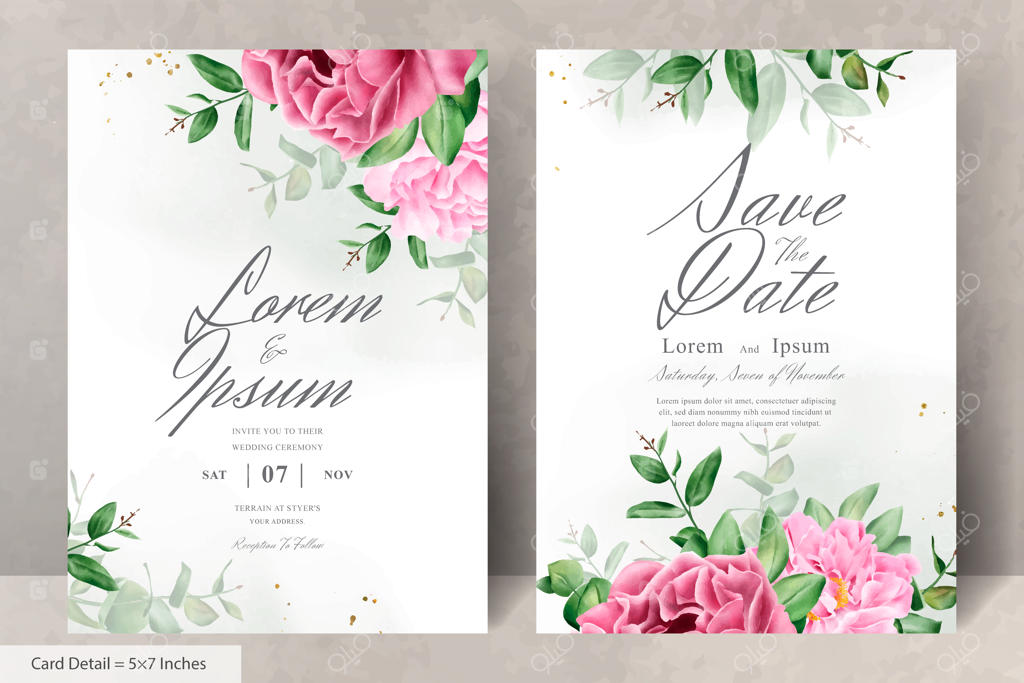 قالب کارت دعوت عروسی آبرنگی با طرح گل و برگ‌های دست‌ساز