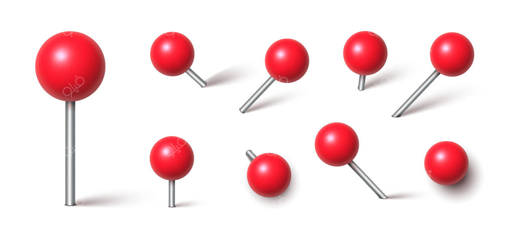 پونزهای پلاستیکی قرمز سه‌بعدی برای نقشه: نشانگر محل و سربرگ با سوزن و سر گرد، مناسب برای کاغذ و نشانه‌گذاری مکان، همراه با سایه‌ها. مجموعه‌ای جداگانه