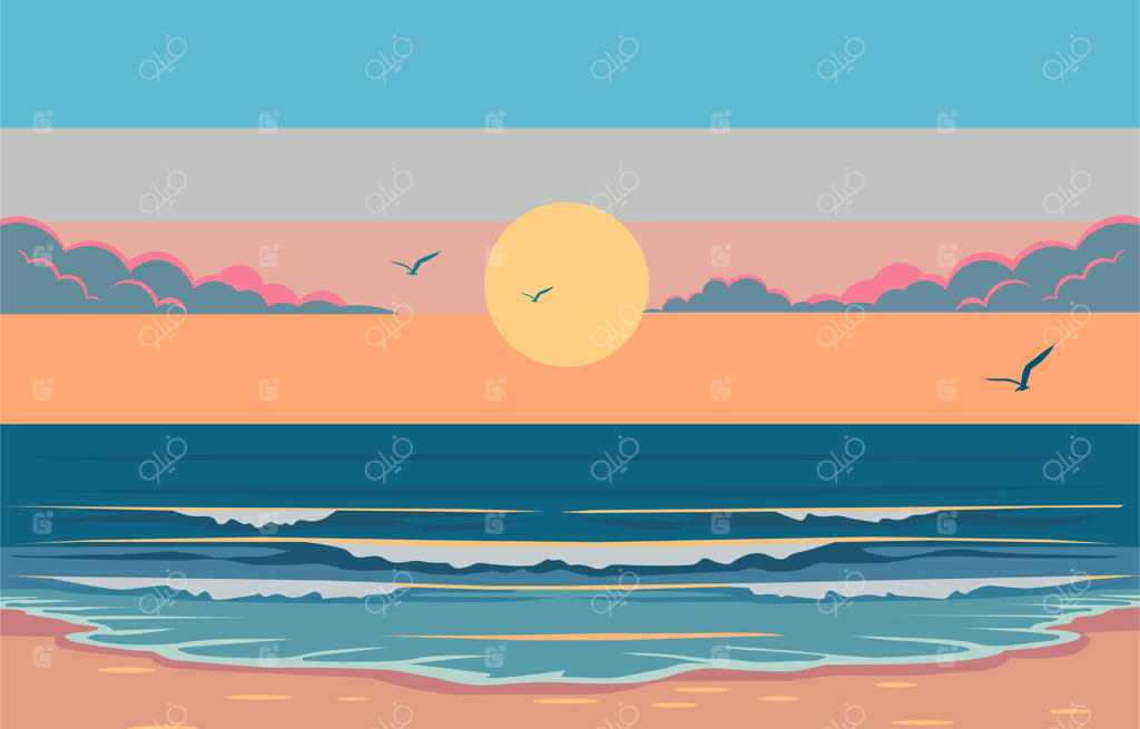 طراحی ساده از منظره زیبای ساحل با آسمان رنگارنگ در غروب خورشید