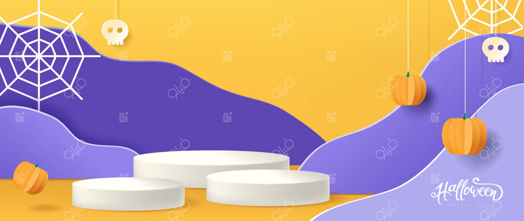 طراحی پس‌زمینه هالووین با نمایش محصول به شکل استوانه‌ای، به سبک برش کاغذی.
