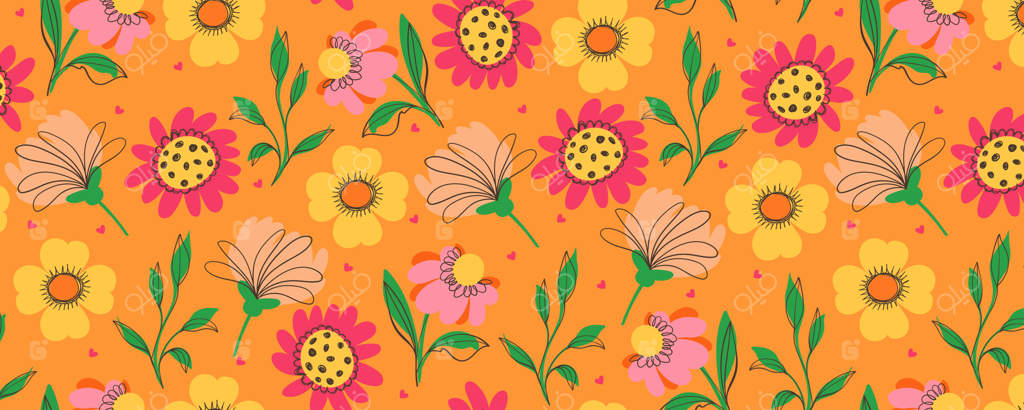 طرح گلدار با گیاهان و برگ‌های جذاب. طراحی یکپارچه با گل‌های تابستانی و بهاری روی زمینه نارنجی. طرح ظریف باغ به سبک دست‌کشیده، مناسب برای چاپ، مد و کارت‌ها.