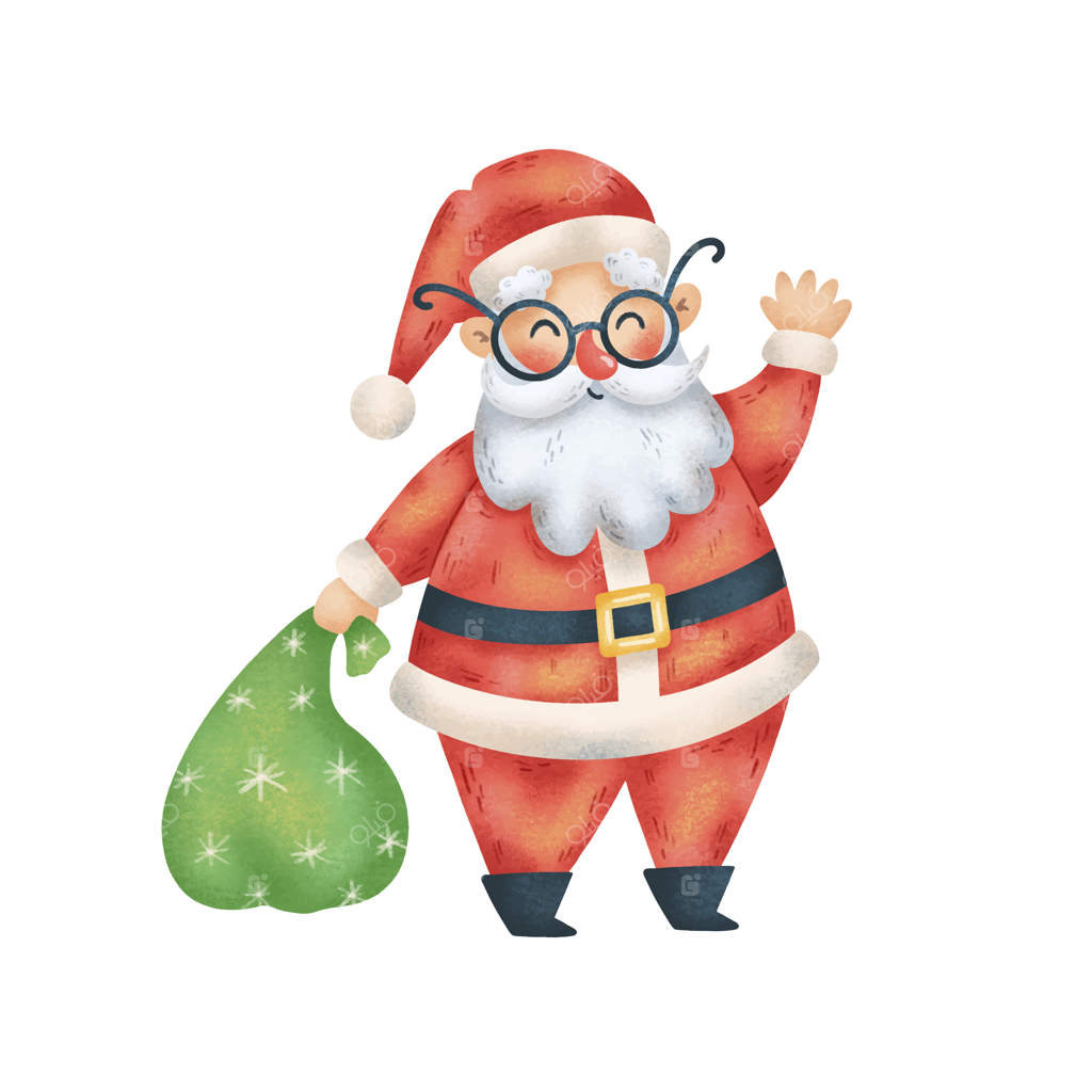 تصویر کارتونی بامزه بابانوئل کریسمس با یک کیسه هدیه، زمینه سفید