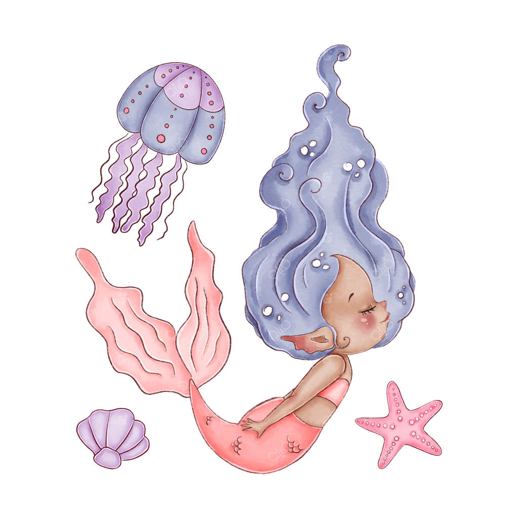 پری دریایی کوچک آفریقایی با موهای بنفش و دمی صورتی روی زمینه سفید، نقاشی آبرنگی بامزه