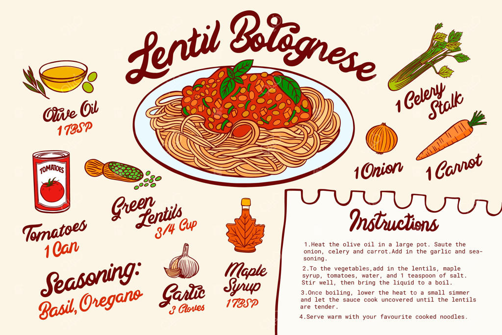 دستور پخت بولونیای عدس با طراحی دستی