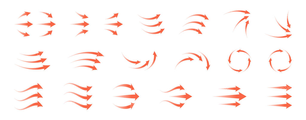مجموعه آیکون‌های جریان هوا با پیکان‌های دایره‌ای، موج‌های حرارت و جریان‌های باد. نمادهای قرمز برای تهویه، کولر، تصفیه‌کننده یا کنترل آب و هوا. طراحی مدرن و تمیز.