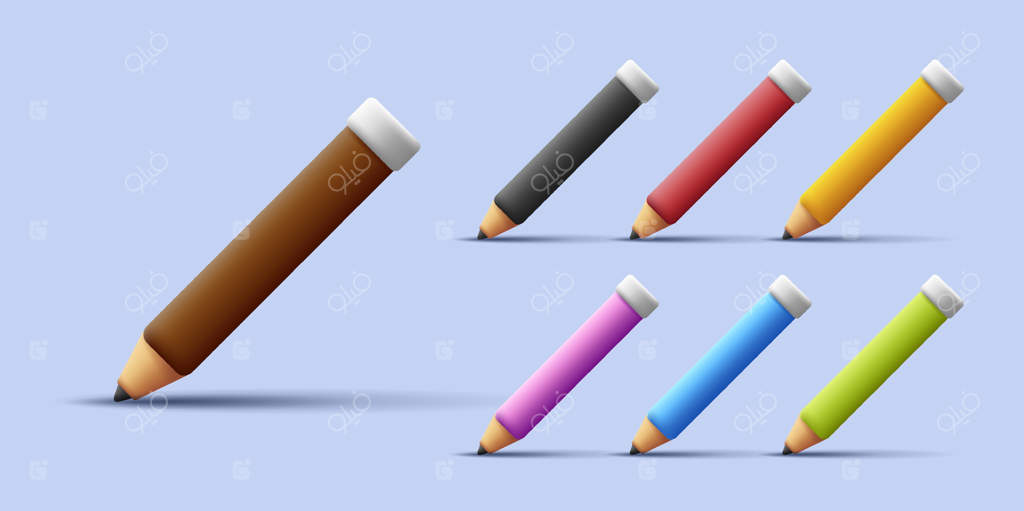 مجموعه‌ای از آیکون‌های سه‌بعدی مداد رنگی در رنگ‌های مختلف