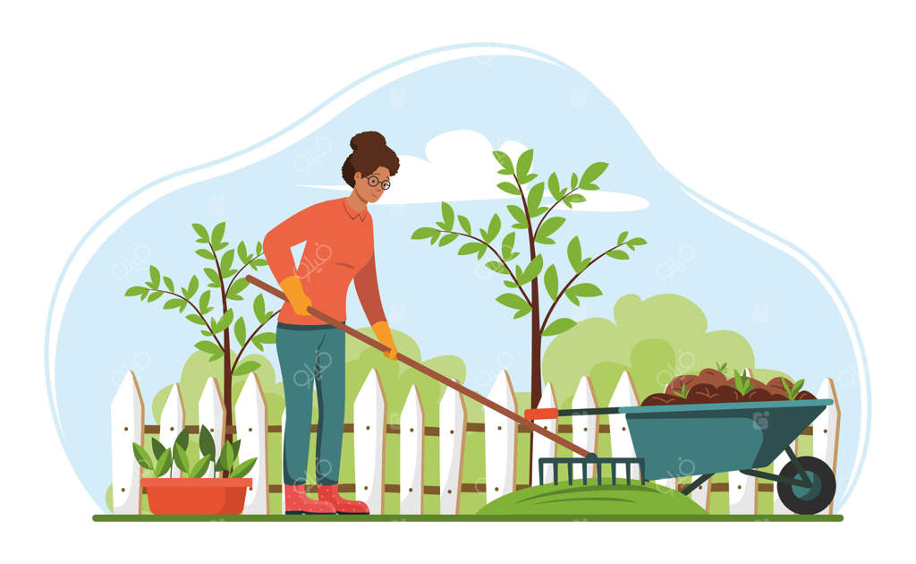 زنی با چنگک در حال مرتب کردن چمن‌های باغچهٔ حیاط پشتی.