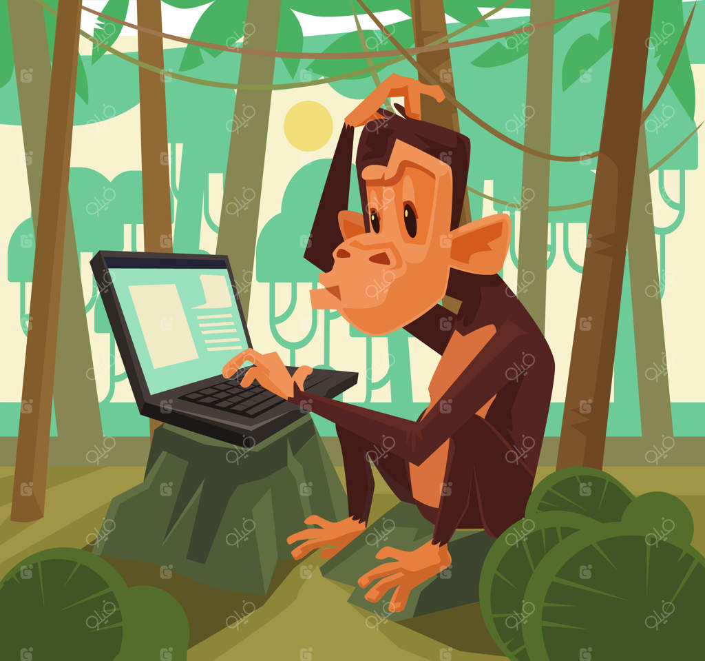 میمون پشت لپ‌تاپ: تصویر کارتونی و جذاب