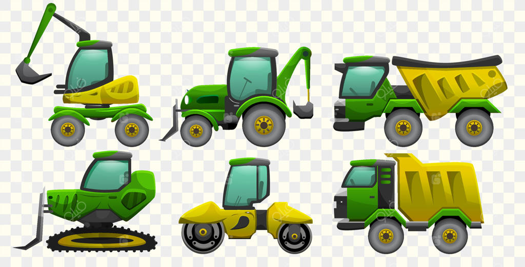 ماشین‌آلات کارتون: کامیون‌ها و تراکتورهای سنگین راه‌سازی. مجموعه‌ای از بیل مکانیکی، غلتک جاده و بلدوزر.