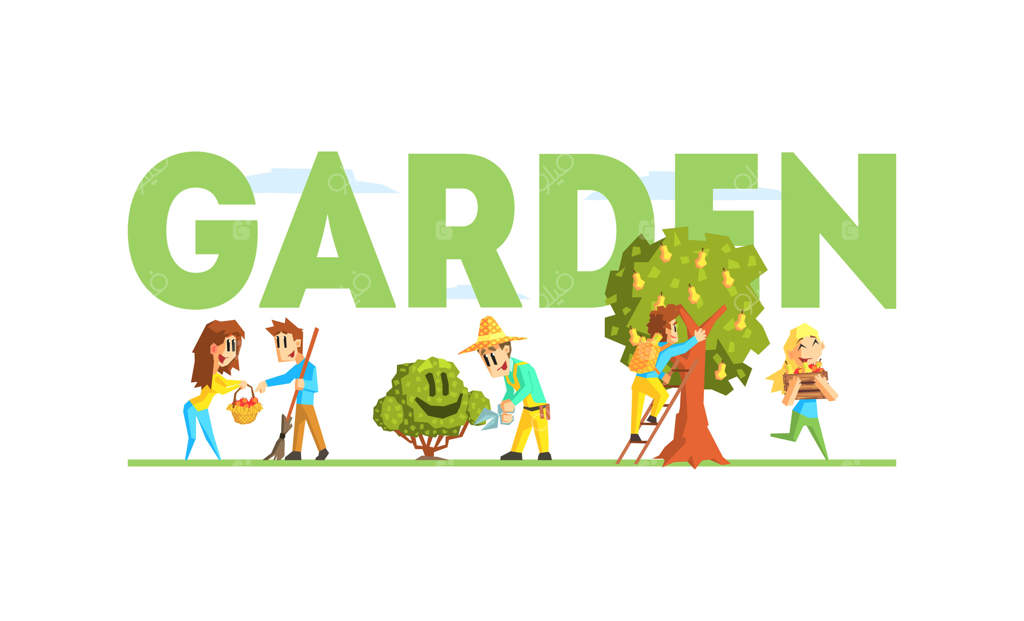 تصویر باغ و مزرعه با شخصیت‌های کوچک کشاورز در حال کار