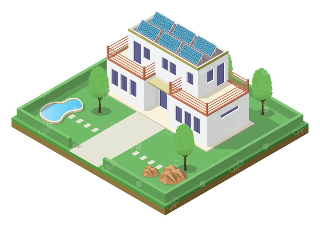 خانه سازگار با محیط زیست با پنل خورشیدی به سبک ایزومتریک.